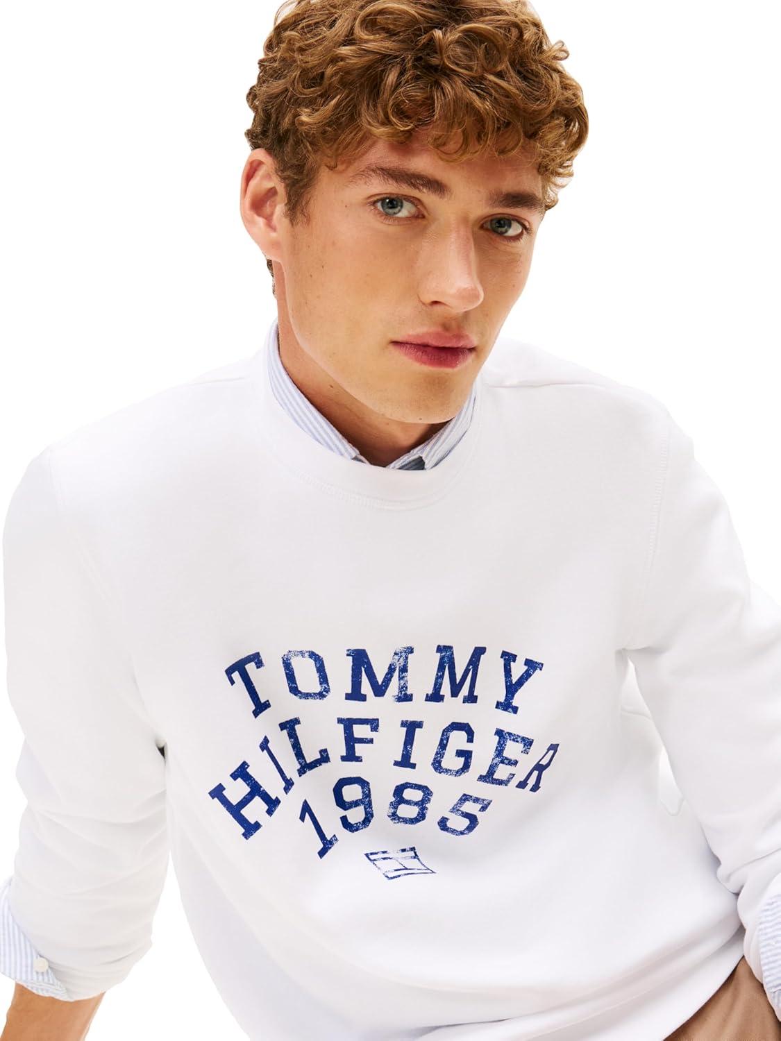 imageTommy Hilfiger mens Medium Weight Cotton Crewneck Sweatshirt With Printed Arch LogoWhite