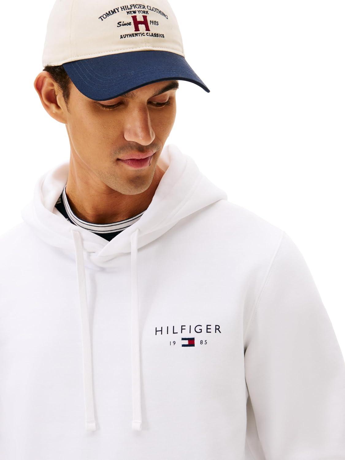imageTommy Hilfiger mens Medium Weight Cotton Hoodie Sweatshirt With Embroidered Flag Logo and DrawstringWhite