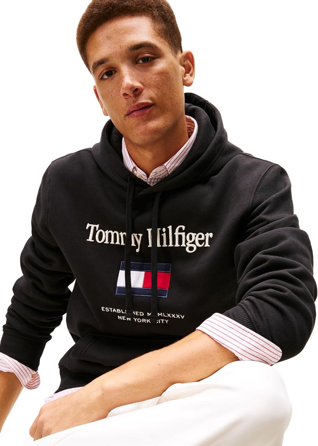 imageTommy Hilfiger mens Medium Weight Cotton Hoodie Sweatshirt With Embroidered LogoBlack