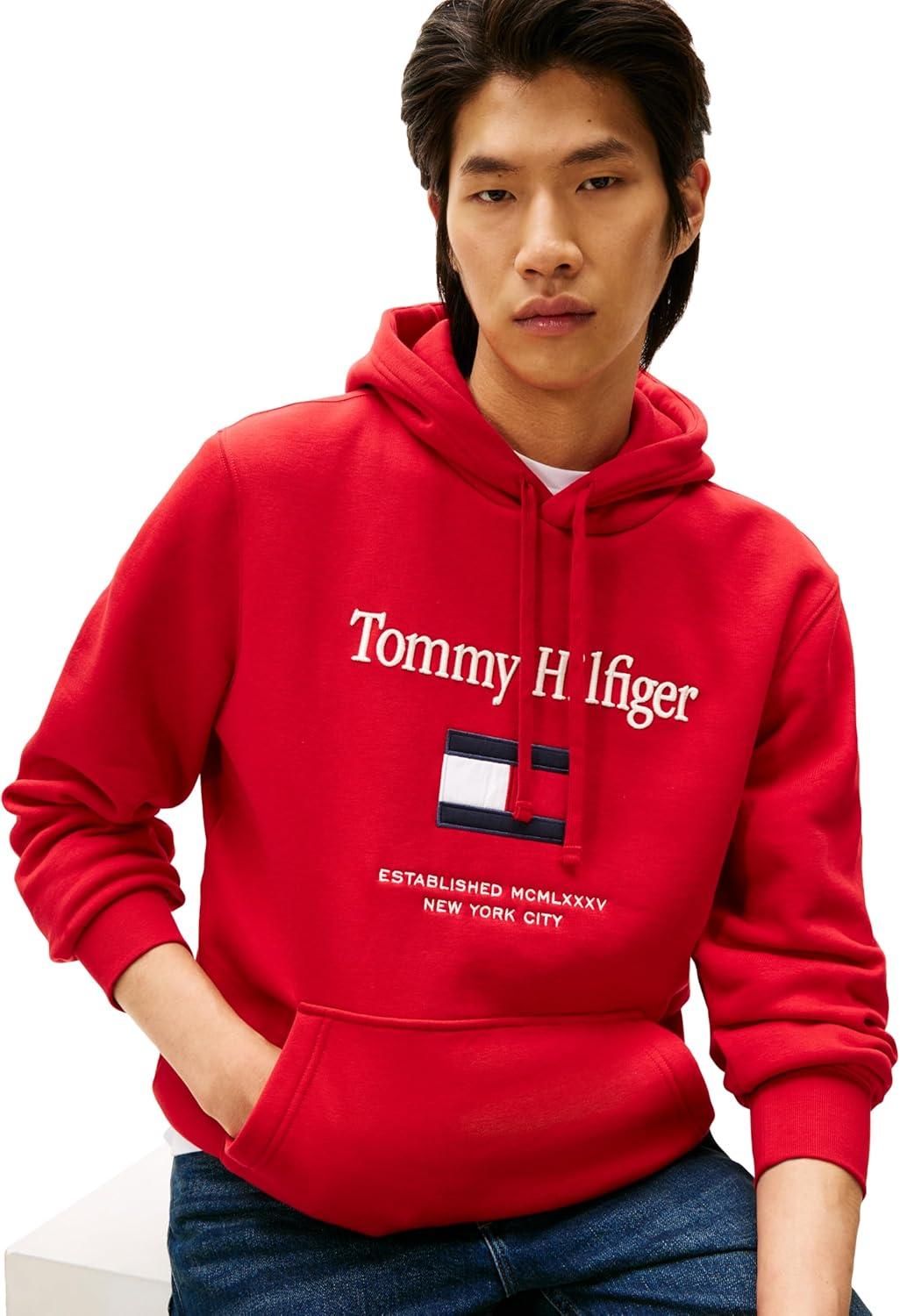imageTommy Hilfiger mens Medium Weight Cotton Hoodie Sweatshirt With Embroidered LogoMedium Red