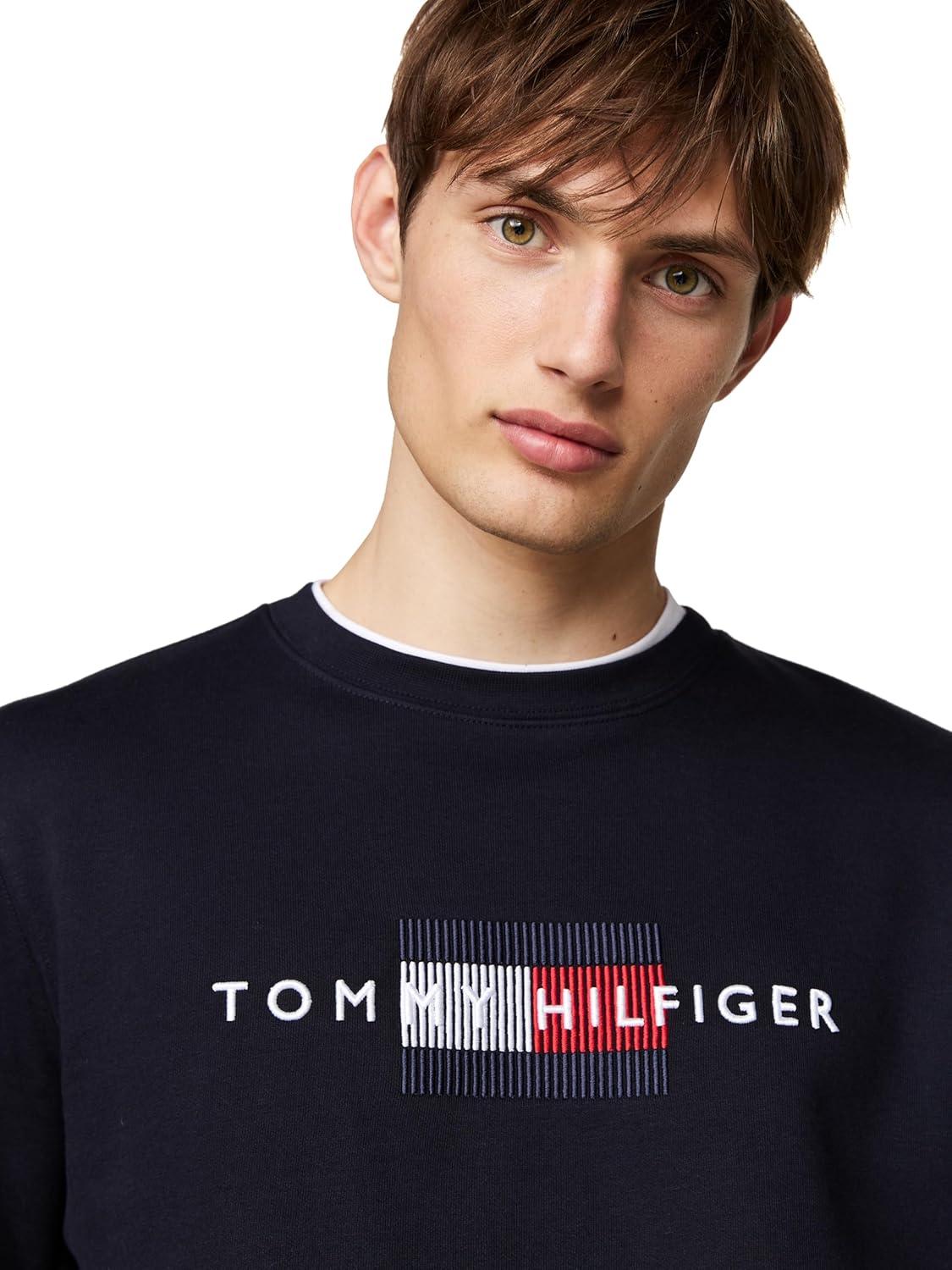 imageTommy Hilfiger mens Medium Weight Crewneck Sweatshirt With Embroidered Flag LogoDesert Sky