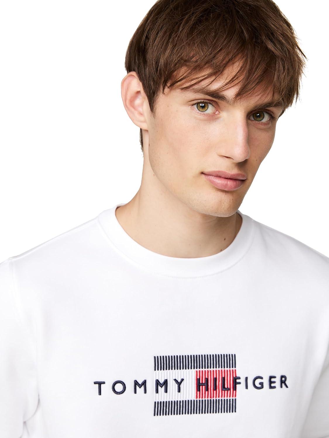 imageTommy Hilfiger mens Medium Weight Crewneck Sweatshirt With Embroidered Flag LogoWhite