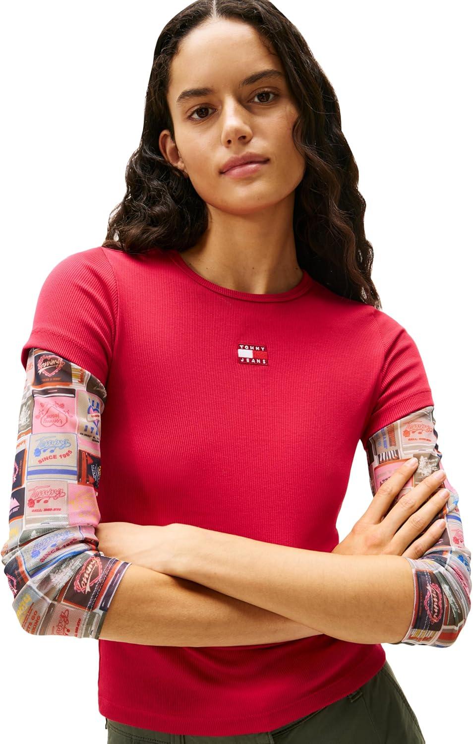 imageTommy Jeans Womens Graphic Tee with Embroidered Flag DetailRuby Rhubarb