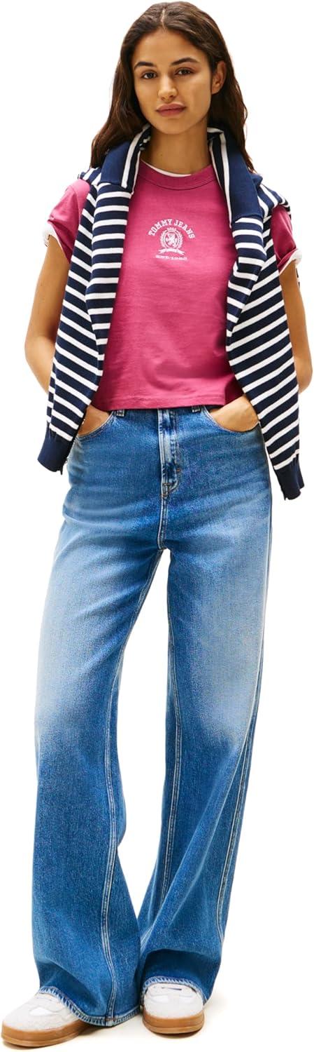 imageTommy Jeans Womens Graphic Tee with Embroidered Varsity Crest DetailBrilliant Berry