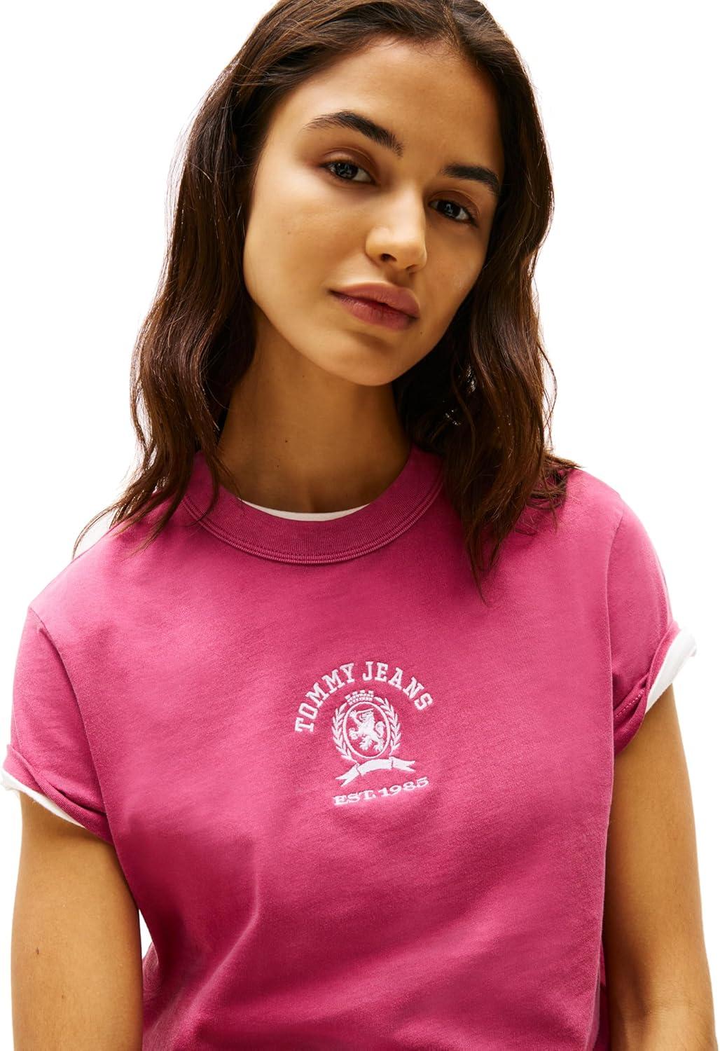 imageTommy Jeans Womens Graphic Tee with Embroidered Varsity Crest DetailBrilliant Berry
