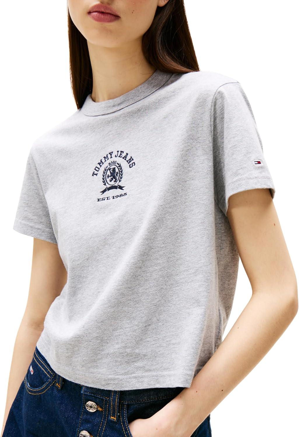 imageTommy Jeans Womens Graphic Tee with Embroidered Varsity Crest DetailGrey Heather