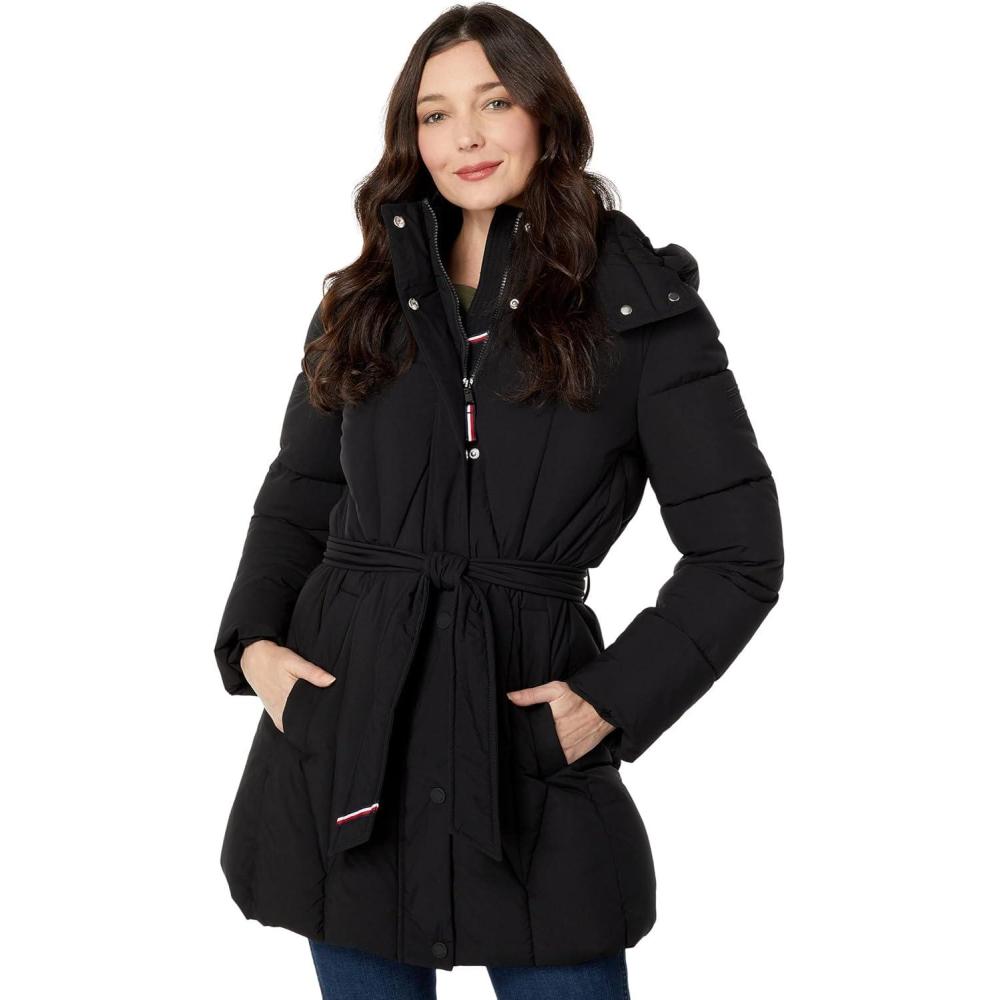 imageTOMMY HILFIGER womens Solid Long Puffer Hooded Self Tie Belt JacketGeometric Belted Black