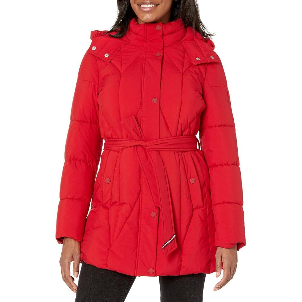 imageTOMMY HILFIGER womens Solid Long Puffer Hooded Self Tie Belt JacketGeometric Belted Crimson