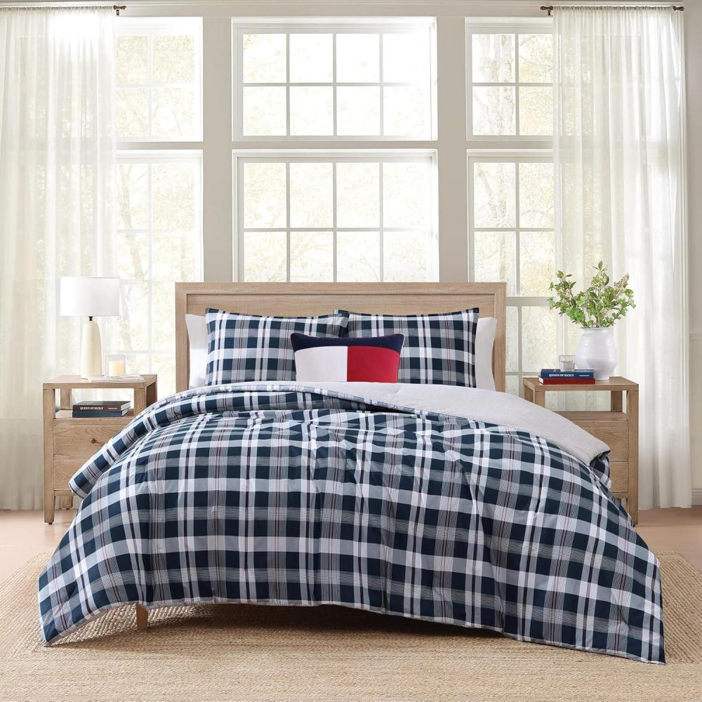 imageTommy Hilfiger Twin Duvet Cover Set Cotton Textured Bedding with Matching Sham Medium Weight Bed Set OekoTEX Certified Waterbury Plaid BlueDream Madras Blue