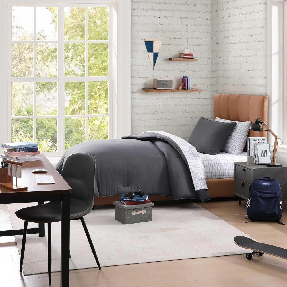 imageTommy Hilfiger TwinTwin XL Bedding Set Soft 5 Piece Comforter Set wMatching Bed Sheets ampamp Pillowcases Medium Weight for Year Round Comfort Solid Microfiber BlueSolid Grey