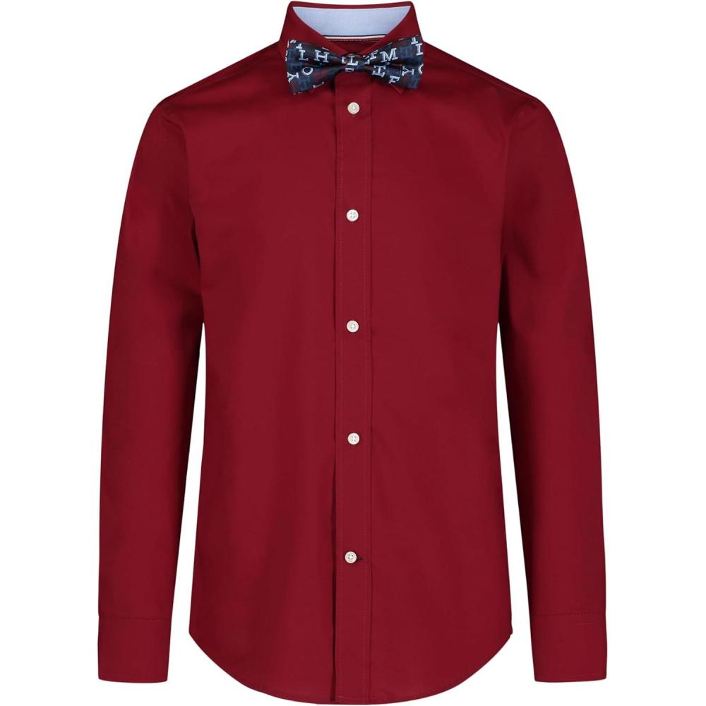 imageTommy Hilfiger Boys Long Sleeve Dress Shirt with Bow Tie Collared ButtonDown with Cuff SleevesRhubarb