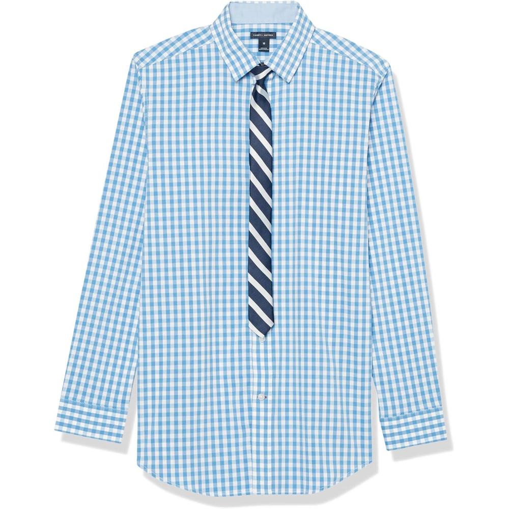 imageTommy Hilfiger Boys Long Sleeve Dress Shirt with Straight Tie Collared ButtonDown with Cuff SleevesDragonflyGingham