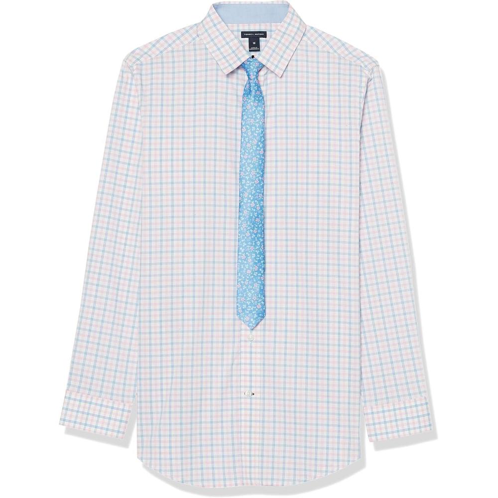 imageTommy Hilfiger Boys Long Sleeve Dress Shirt with Straight Tie Collared ButtonDown with Cuff SleevesPrism PinkPlaid