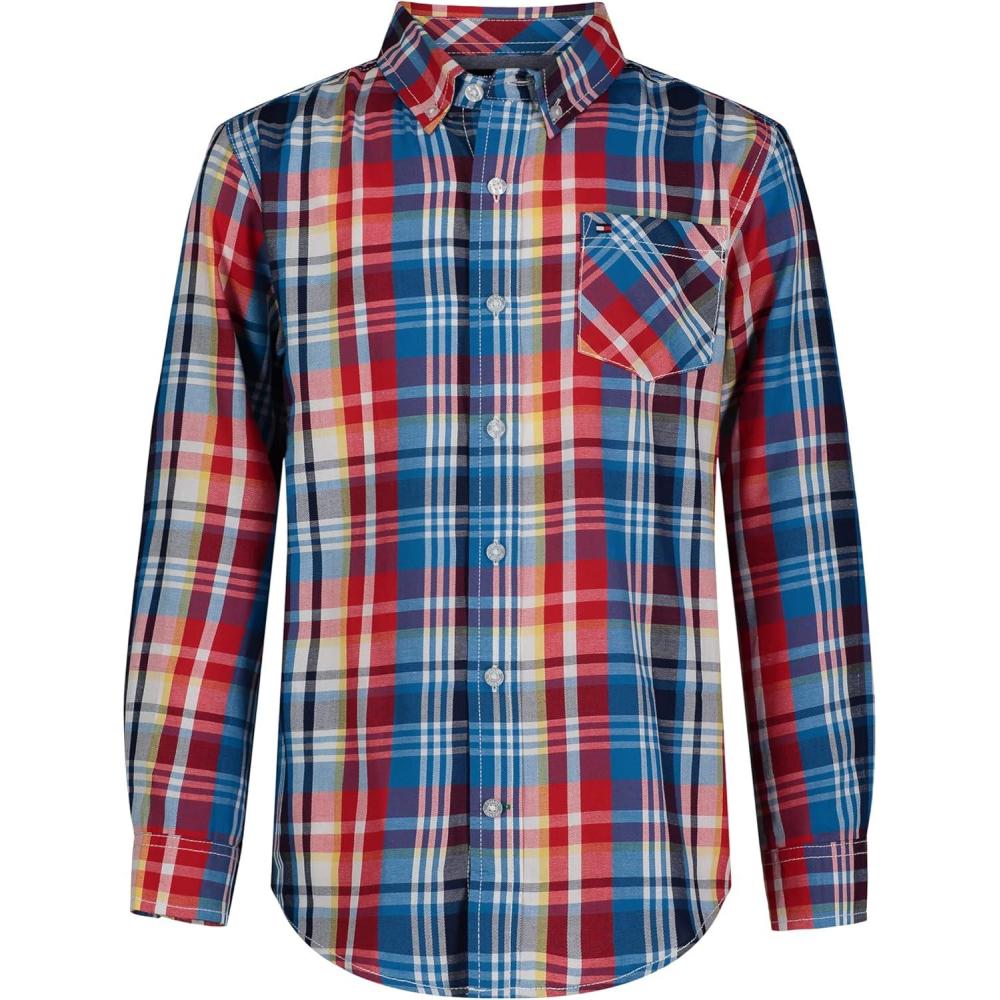 imageTommy Hilfiger Boys Long Sleeve Woven Buttondown Shirt Lightweight ampamp BreathableCerulean Iconic Plaid