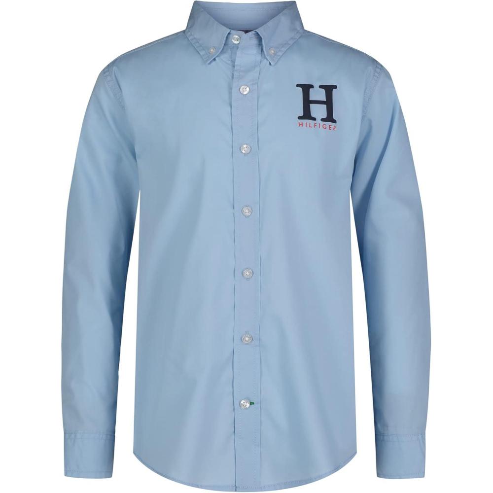 imageTommy Hilfiger Boys Long Sleeve Woven Buttondown Shirt Lightweight ampamp BreathableCerulean Matt H Solid