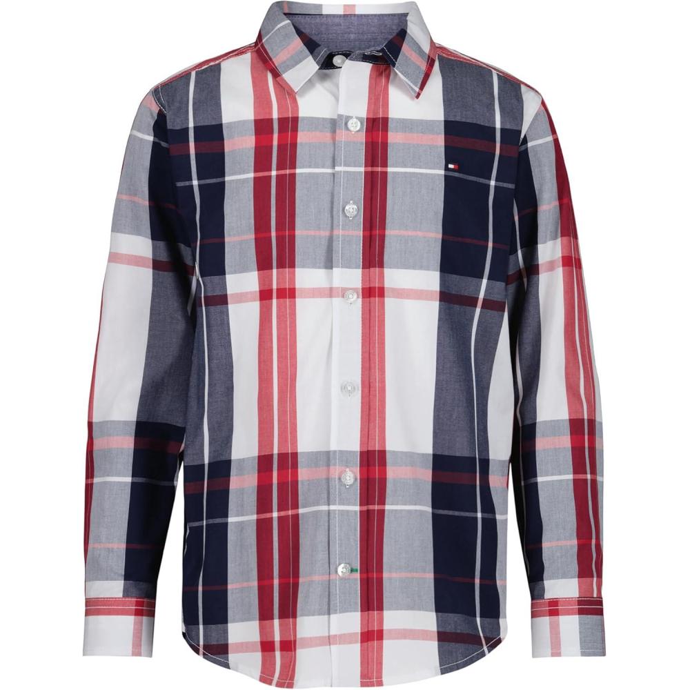 imageTommy Hilfiger Boys Long Sleeve Woven Buttondown Shirt Lightweight ampamp BreathableFresh Oversized Plaid