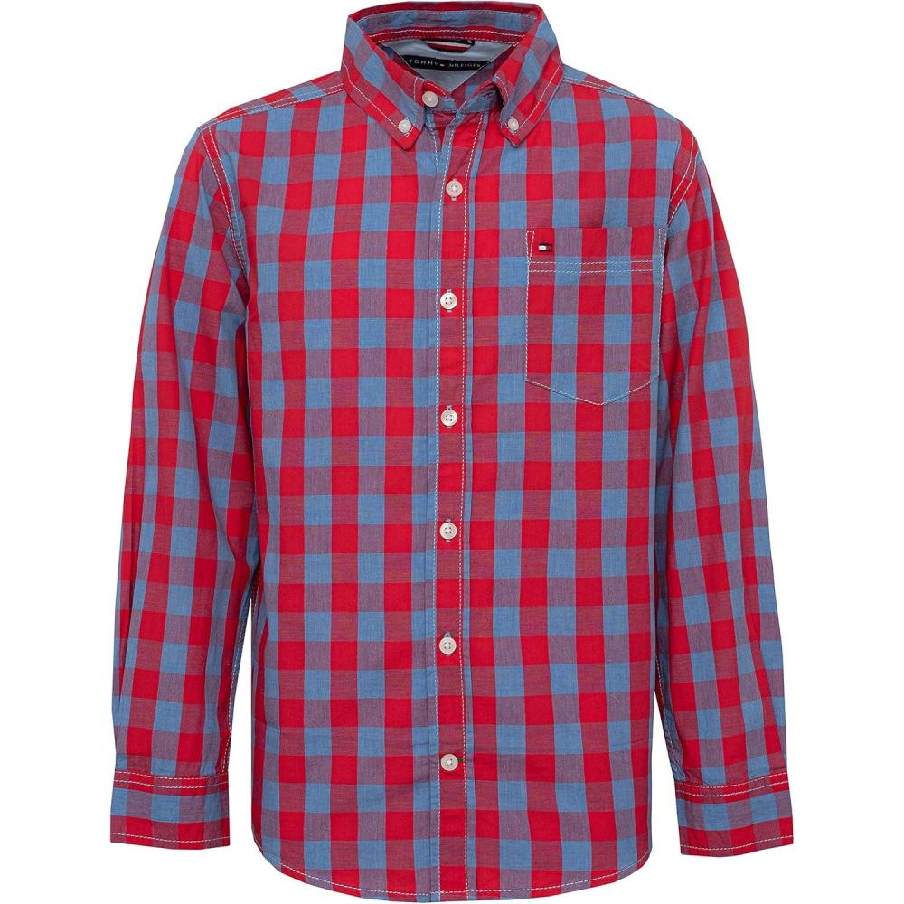 imageTommy Hilfiger Boys Long Sleeve Woven Buttondown Shirt Lightweight ampamp BreathableKirk Fireside Plaid