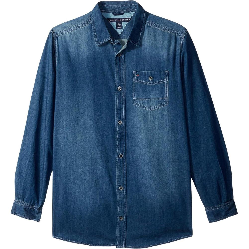 imageTommy Hilfiger Boys Long Sleeve Woven Buttondown Shirt Lightweight ampamp BreathableMedium Blue