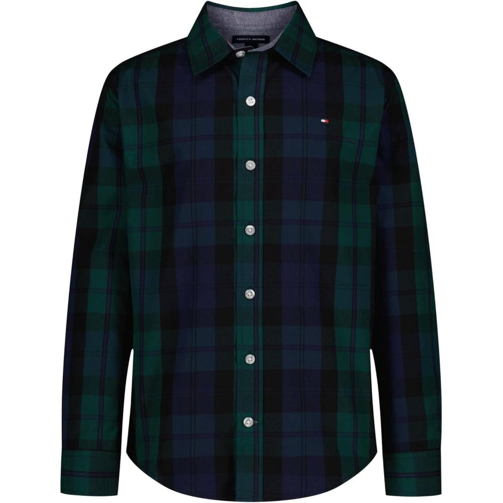 imageTommy Hilfiger Boys Long Sleeve Woven Buttondown Shirt Lightweight ampamp BreathableRain Forest Blackwatch