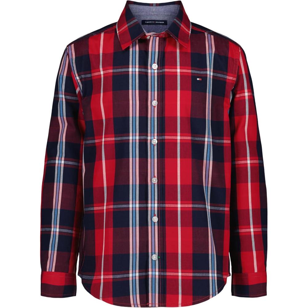 imageTommy Hilfiger Boys Long Sleeve Woven Buttondown Shirt Lightweight ampamp BreathableScarlet Sage Exploded Plaid