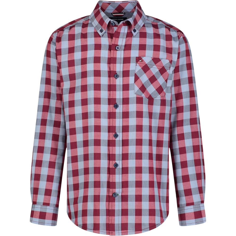 imageTommy Hilfiger Boys Long Sleeve Woven Buttondown Shirt Lightweight ampamp BreathableScooter Red Check Plaid