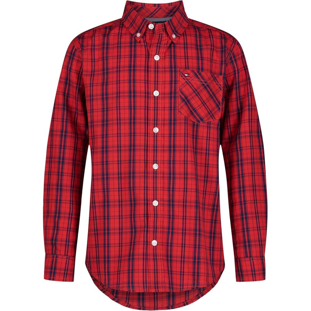 imageTommy Hilfiger Boys Long Sleeve Woven Buttondown Shirt Lightweight ampamp BreathableTommy Red Windowpane