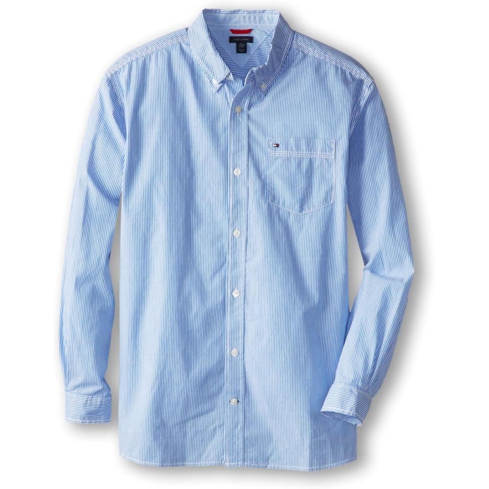 imageTommy Hilfiger Boys Long Sleeve Woven Buttondown Shirt Lightweight ampamp BreathableTommy Stripe Strong Blue