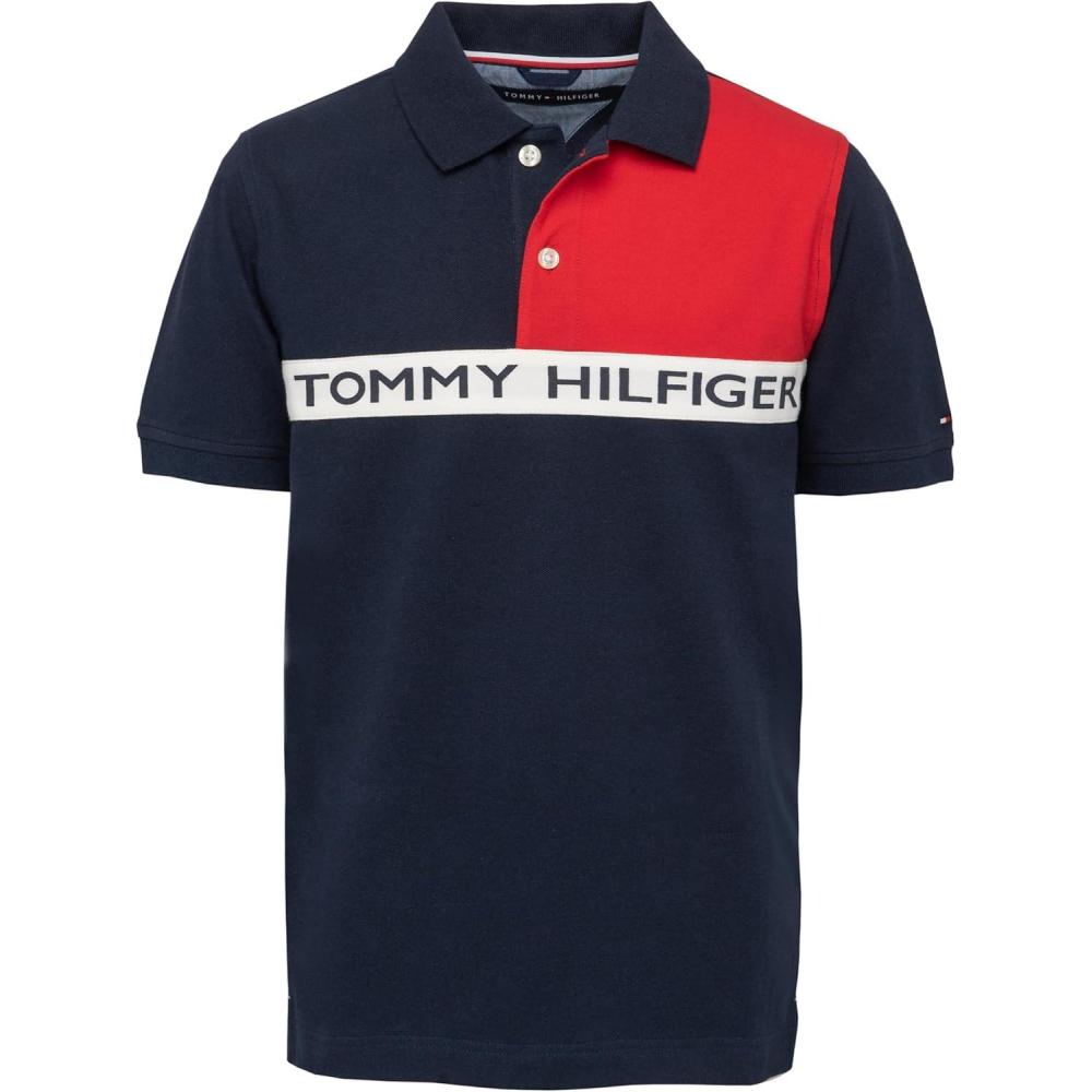 imageTommy Hilfiger Boys Short Sleeve Fashion Polo Shirt Button Closure Soft ampamp ComfortableNasir Swim Navy