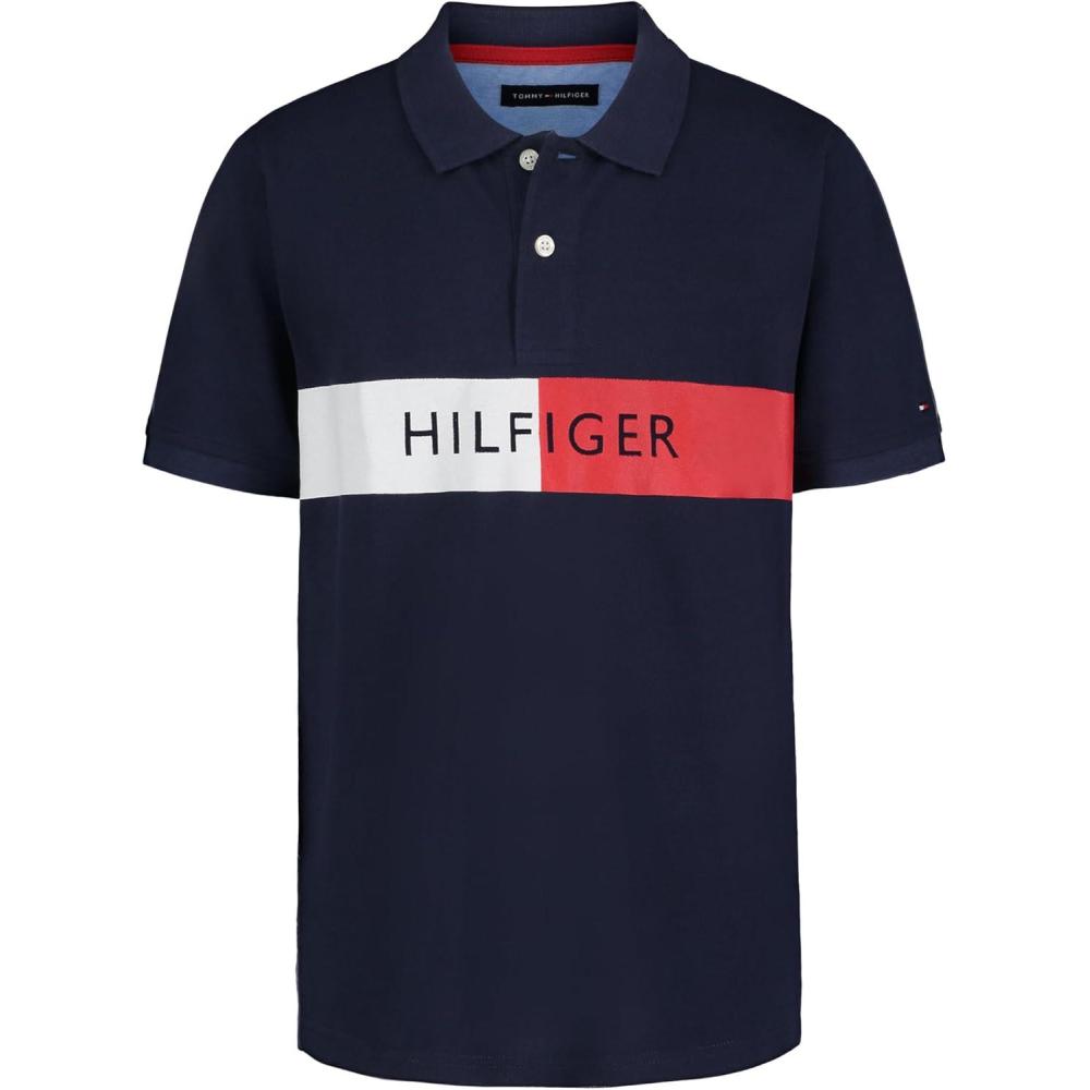 imageTommy Hilfiger Boys Short Sleeve Fashion Polo Shirt Button Closure Soft ampamp ComfortableSplit Stripe Navy Blazer