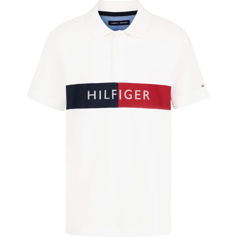 imageTommy Hilfiger Boys Short Sleeve Fashion Polo Shirt Button Closure Soft ampamp ComfortableSplit Stripe White