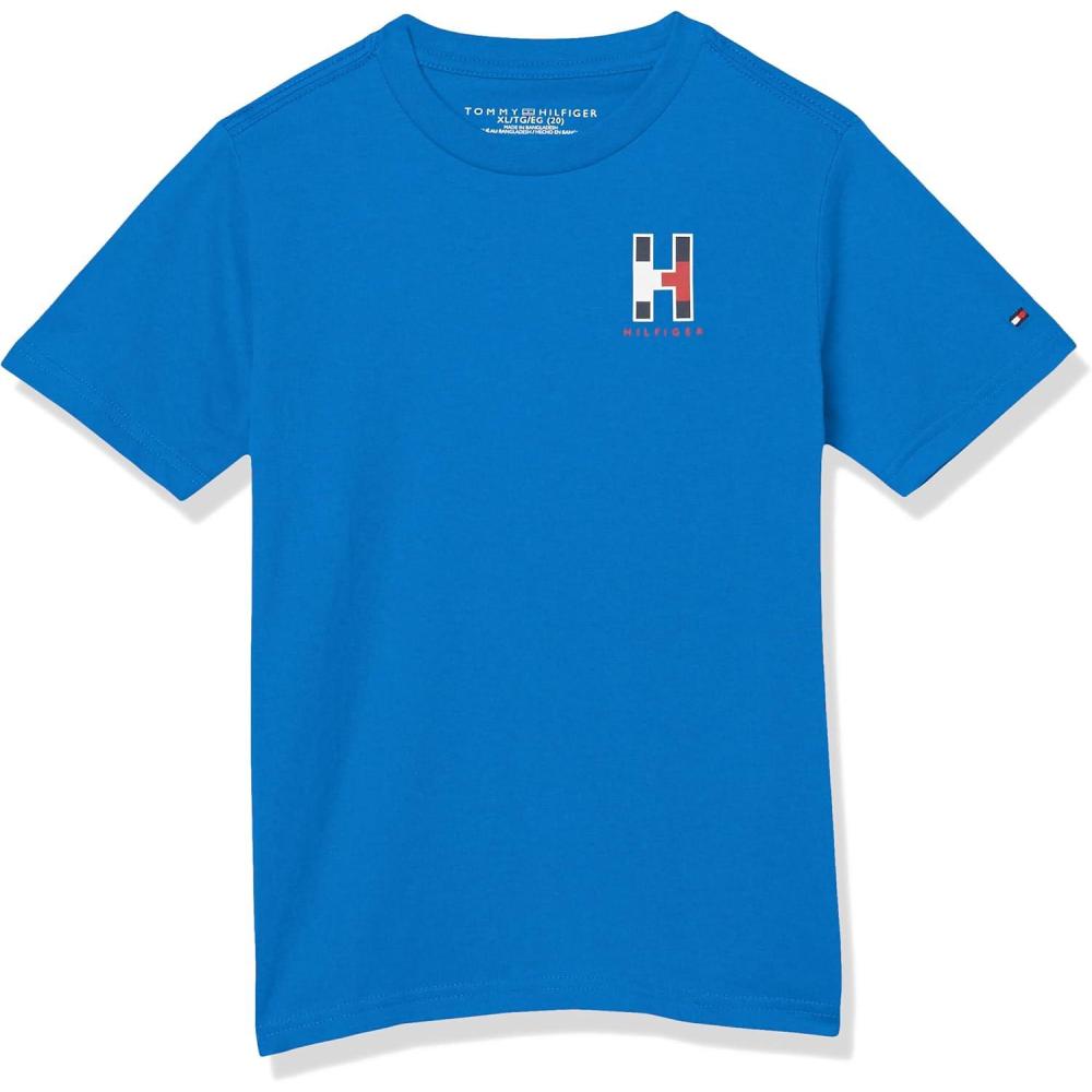 imageTommy Hilfiger Boys Short Sleeve Solid Matt Crew Neck TShirt Soft Comfortable Relaxed FitBlue Iolite