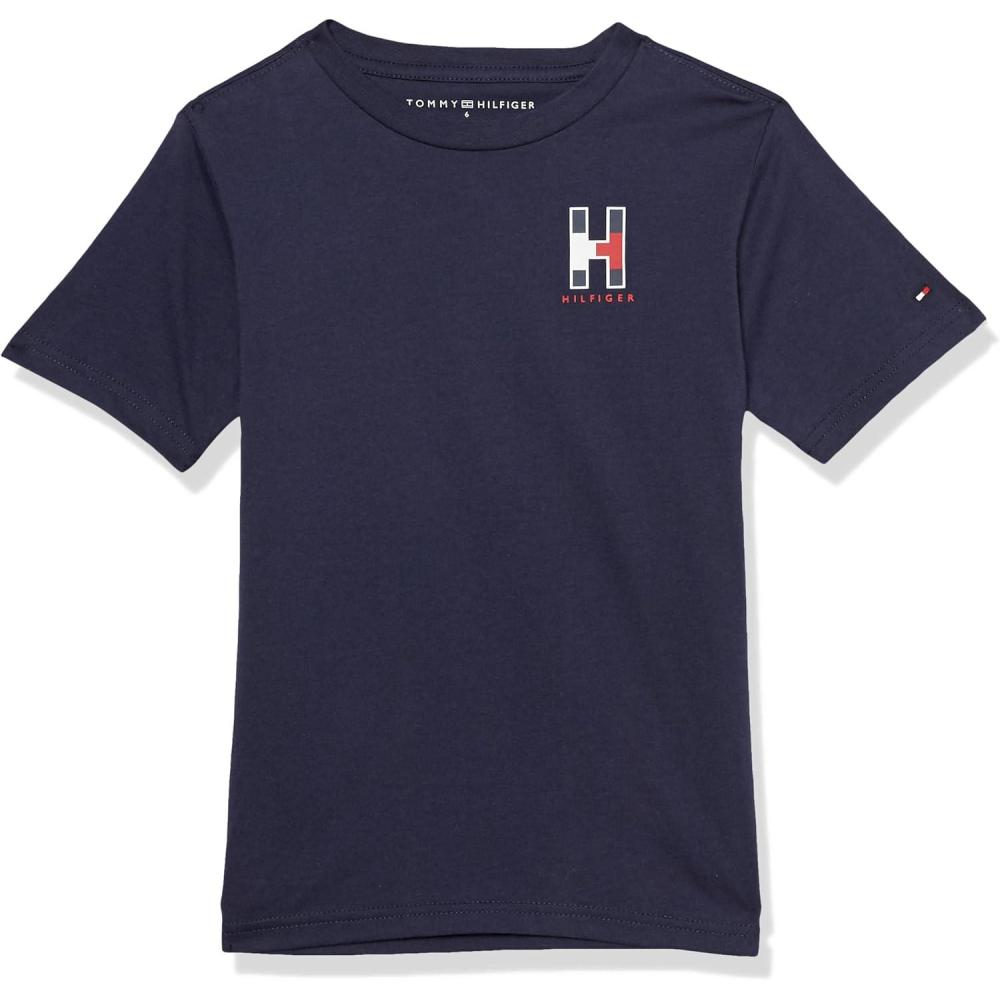 imageTommy Hilfiger Boys Short Sleeve Solid Matt Crew Neck TShirt Soft Comfortable Relaxed FitNavy Blazer