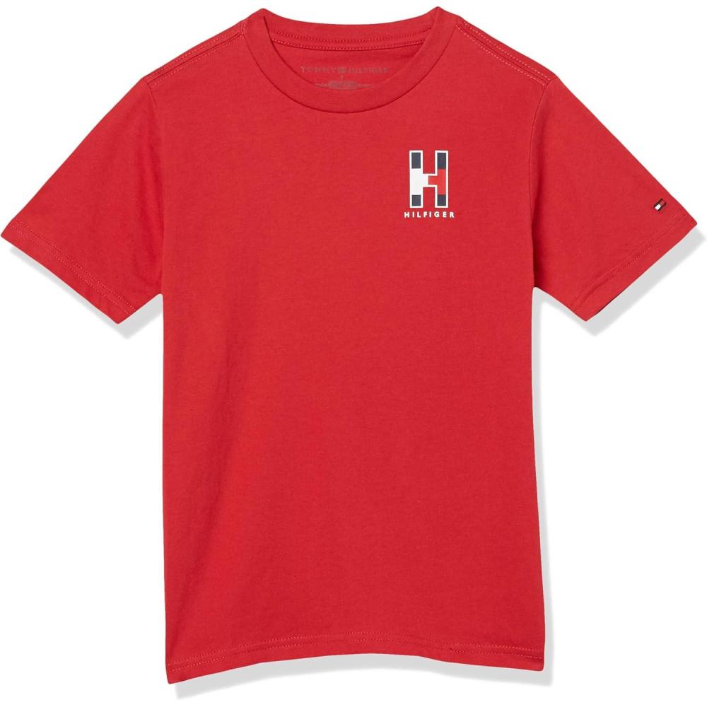 imageTommy Hilfiger Boys Short Sleeve Solid Matt Crew Neck TShirt Soft Comfortable Relaxed FitScarlet Sage