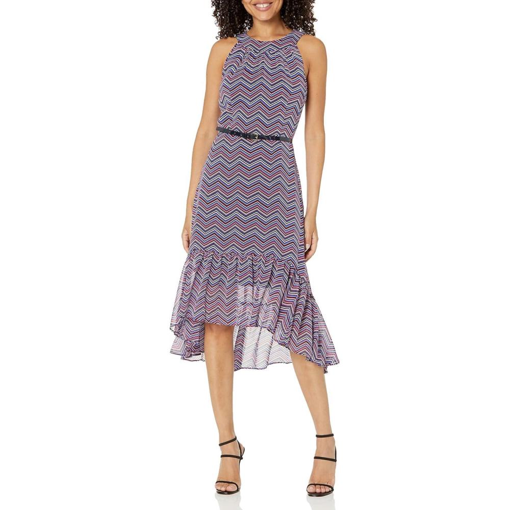 imageTommy Hilfiger Hydrangea Sketch HighLow Halter Neck DressSky CaptainScarlet Chevron
