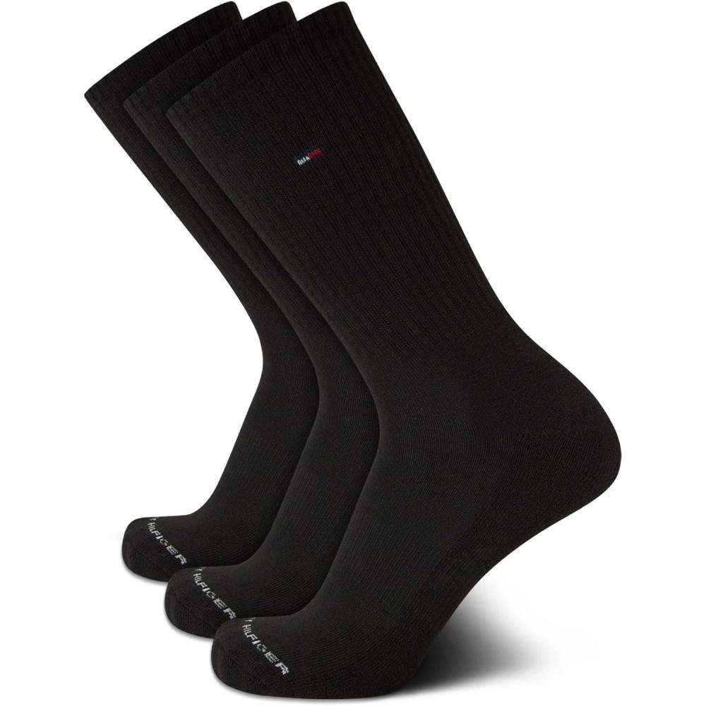 imageTommy Hilfiger Mens Crew Socks 3 Pack Cotton Blend Cushioned Athletic Performance Crew Length Running Socks for MenBlack