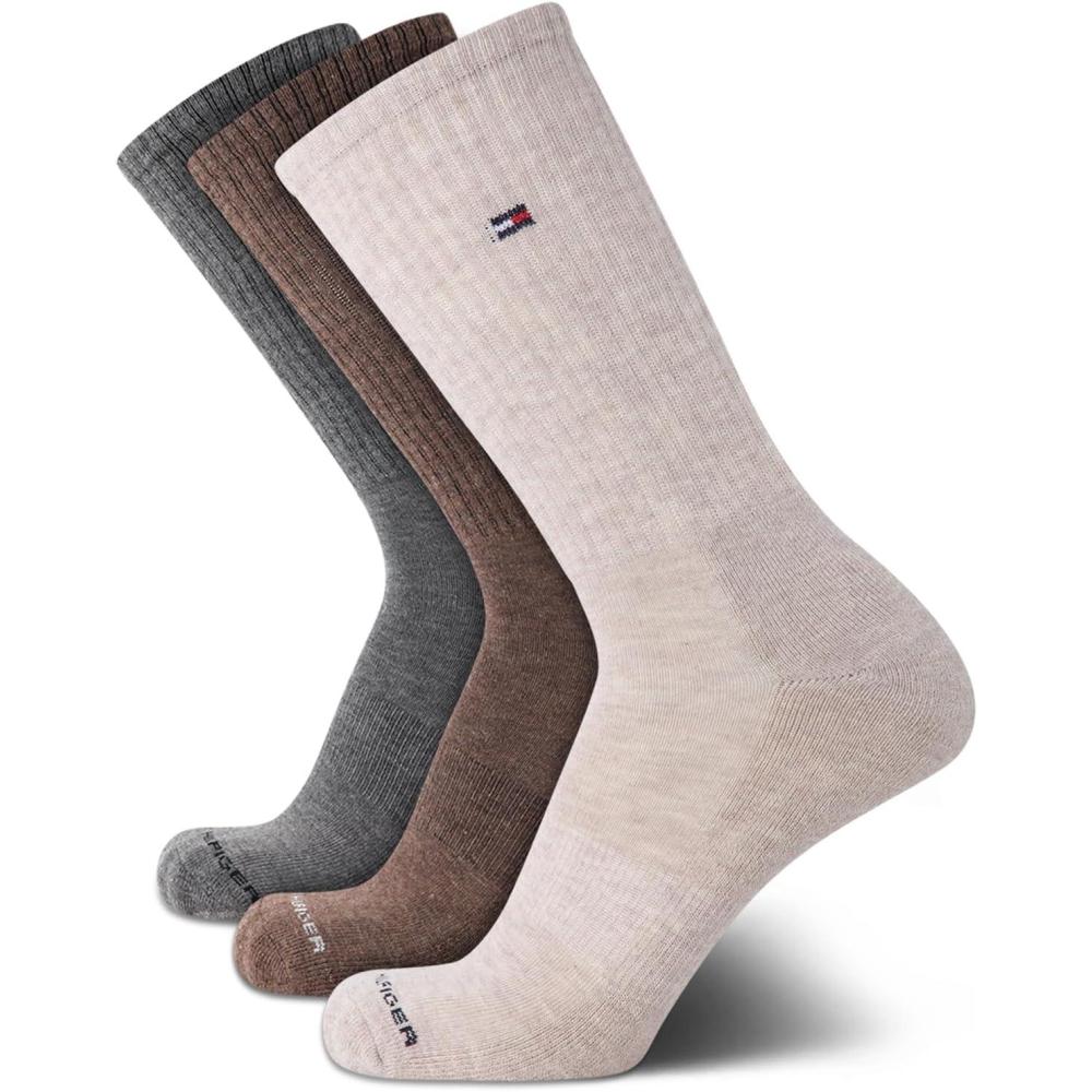 imageTommy Hilfiger Mens Crew Socks  3 Pack Cotton Blend Cushioned Athletic Performance Crew Length Running Socks for MenBrown Assorted