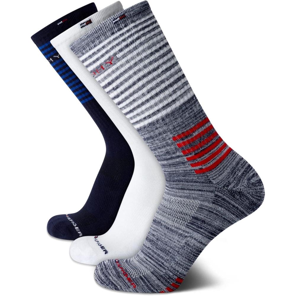 imageTommy Hilfiger Mens Crew Socks 3 Pack Cotton Blend Cushioned Athletic Performance Crew Length Running Socks for MenNavy Assorted