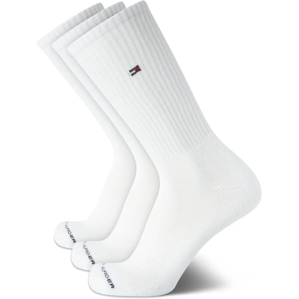 imageTommy Hilfiger Mens Crew Socks 3 Pack Cotton Blend Cushioned Athletic Performance Crew Length Running Socks for MenWhite