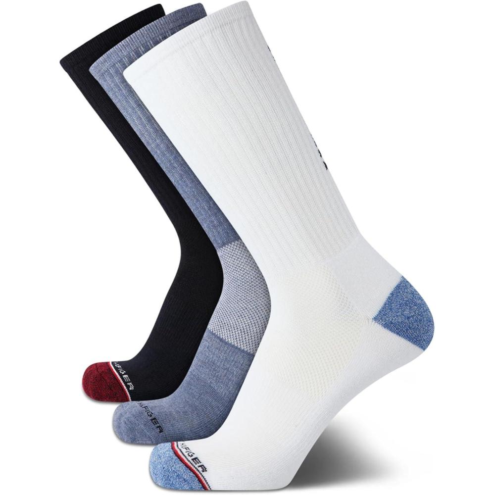 imageTommy Hilfiger Mens Crew Socks 3 Pack Cotton Blend Cushioned Athletic Performance Crew Length Running Socks for MenWhite Blue Assorted