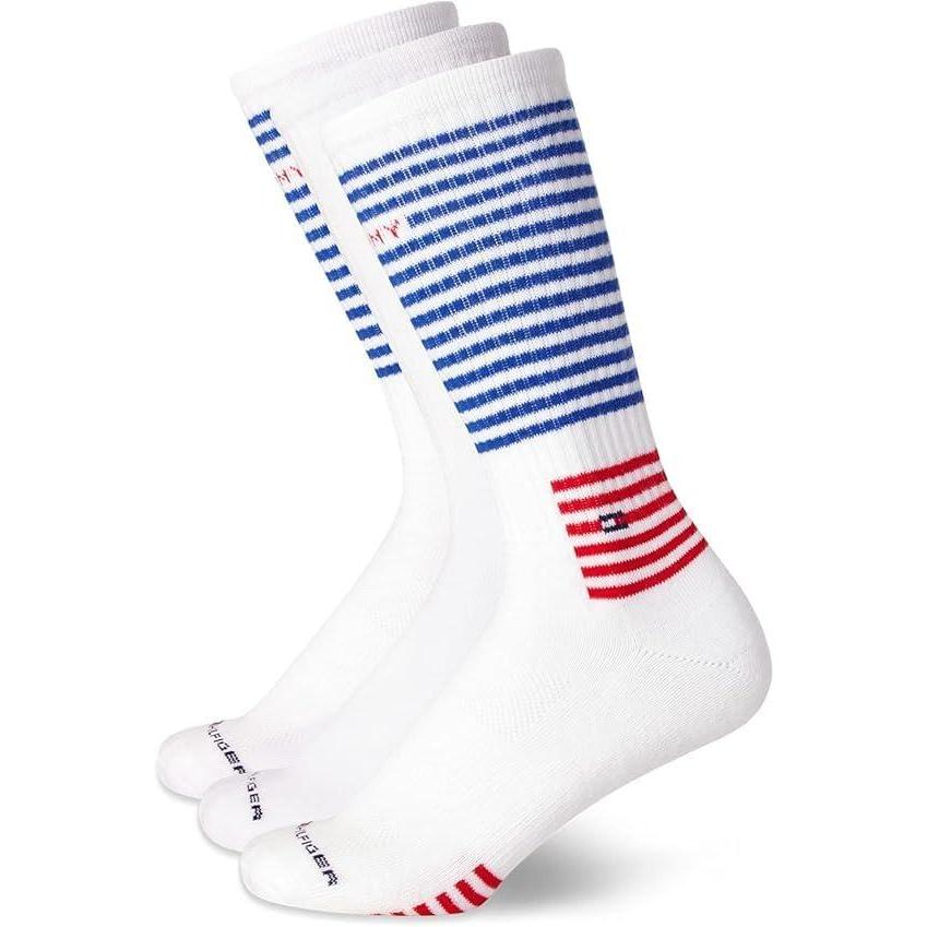 imageTommy Hilfiger Mens Crew Socks  3 Pack Cotton Blend Cushioned Athletic Performance Crew Length Running Socks for MenWhite Stripe