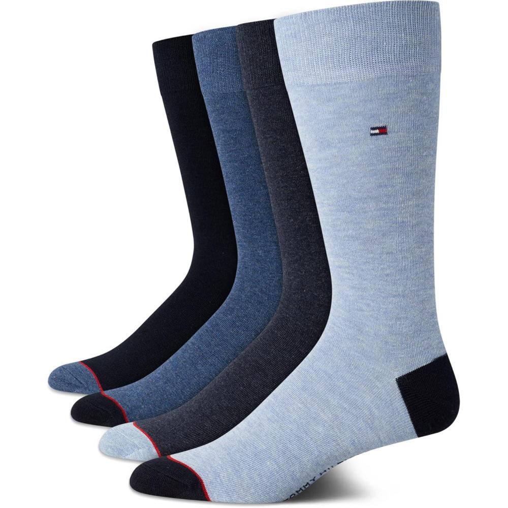 imageTommy Hilfiger Mens Dress Socks 4 Pack Lightweight Cotton Blend Everyday Crew Work Socks for Men for Casual ampamp Formal WearBlue Assorted