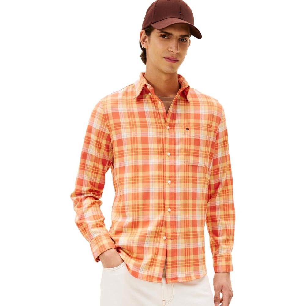 imageTommy Hilfiger Mens Long Sleeve Checked Shirts in Regular Fit Mens Button Down ShirtBrilliant Orange Check