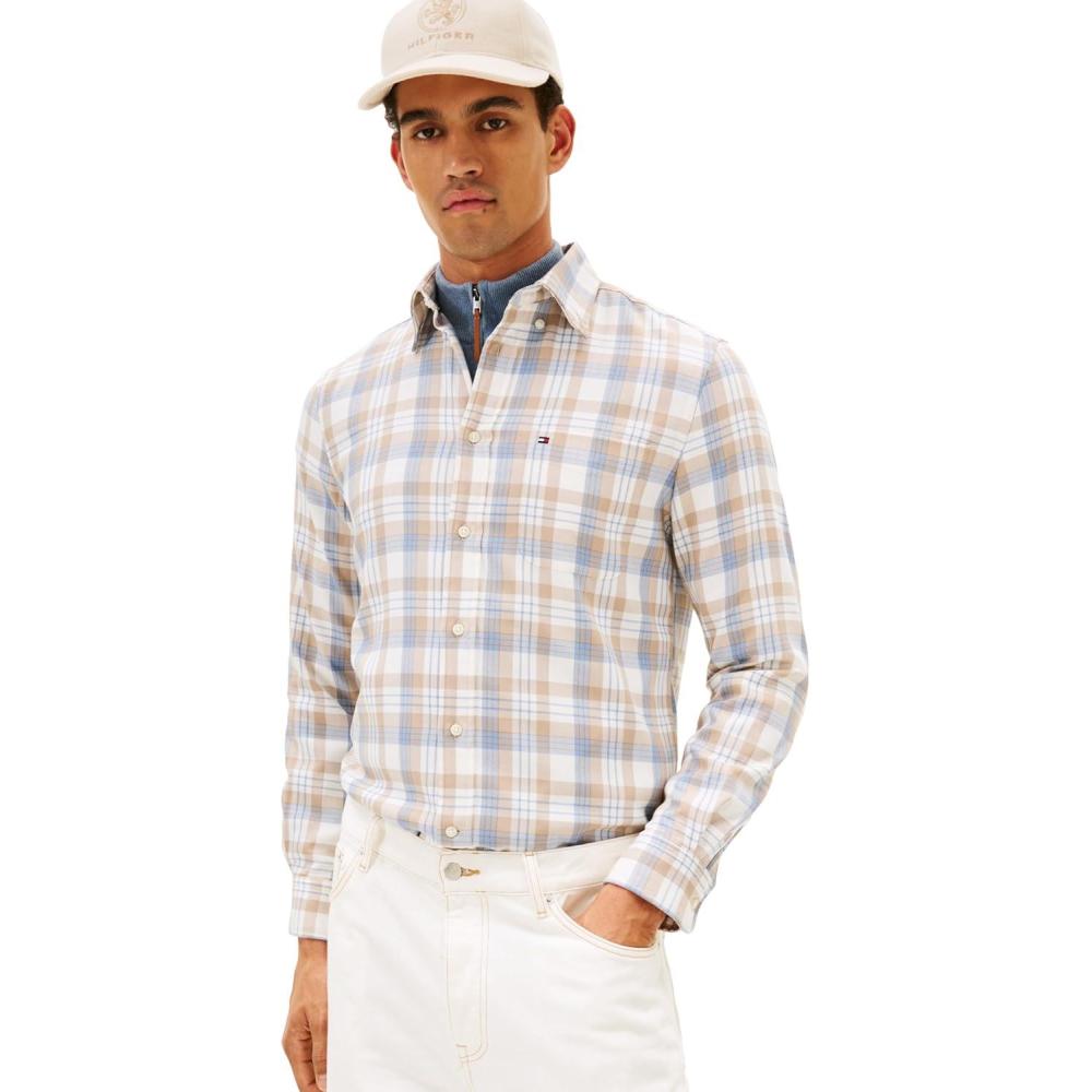 imageTommy Hilfiger Mens Long Sleeve Checked Shirts in Regular Fit Mens Button Down ShirtIvory Petal Check