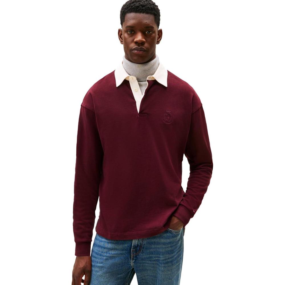 imageTommy Hilfiger Mens Medium Weight Rugby Pullover with Embroidered Crest LogoDeep Burgundy