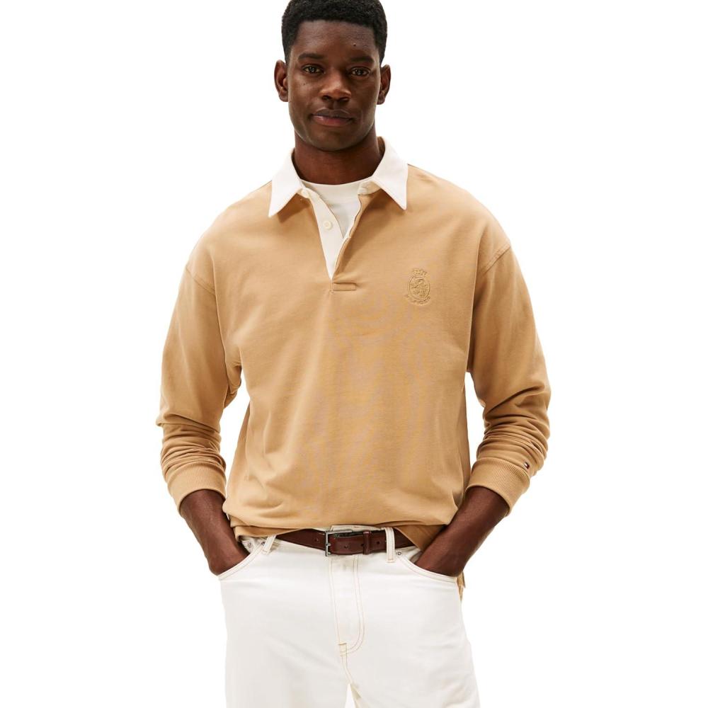 imageTommy Hilfiger Mens Medium Weight Rugby Pullover with Embroidered Crest LogoTimeless Camel