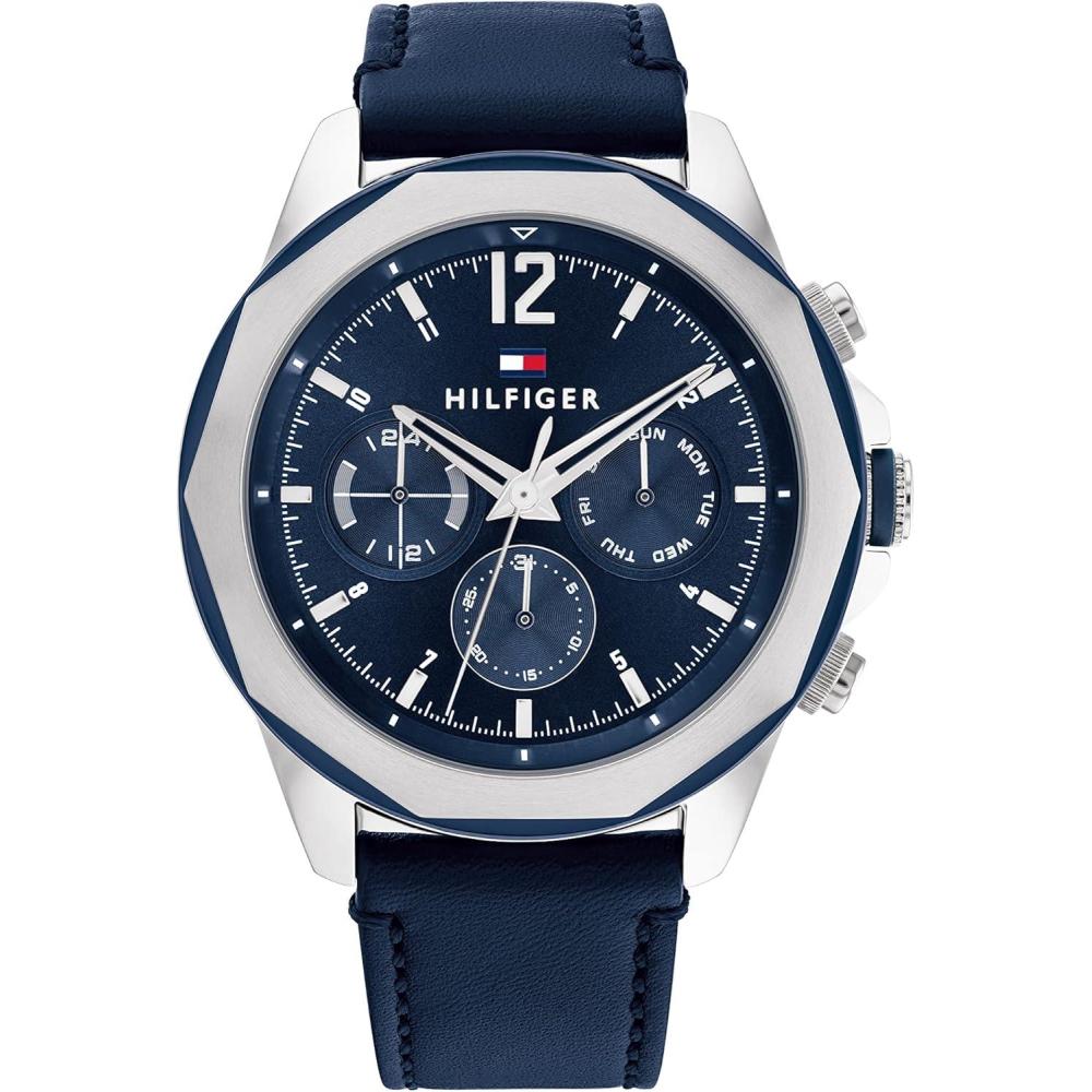imageTommy Hilfiger Mens Multifunction Quartz Watch Stainless Steel Case 5 ATM Water Resistant Urban Style Timepiece Gift for HimBlueLeather