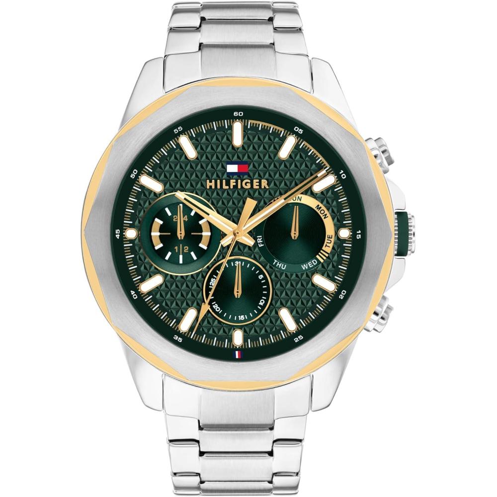 imageTommy Hilfiger Mens Multifunction Quartz Watch  Stainless Steel Case 5 ATM Water Resistant Urban Style Timepiece Gift for HimSilverGreen