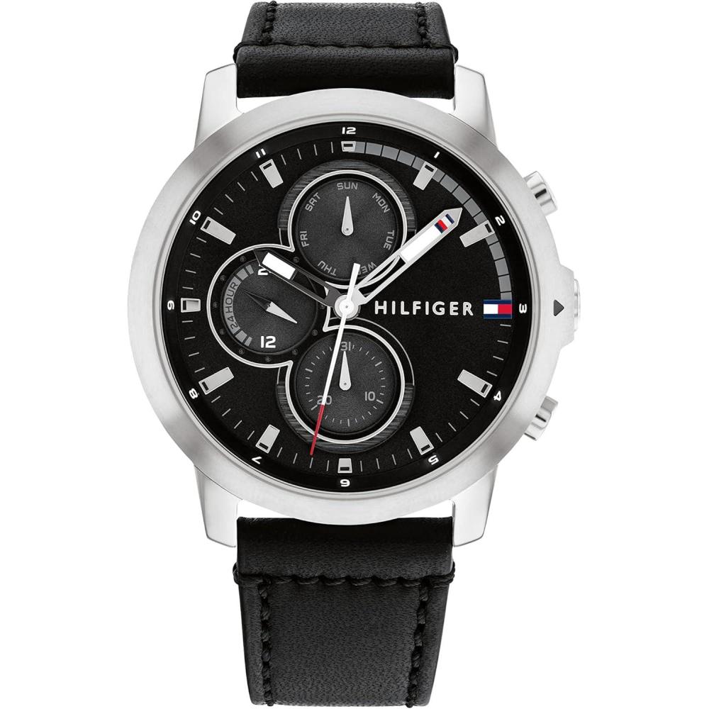 imageTommy Hilfiger Mens Multifunction Stainless Steel Case and Leather Strap Watch Color Brown Model 1792053Black