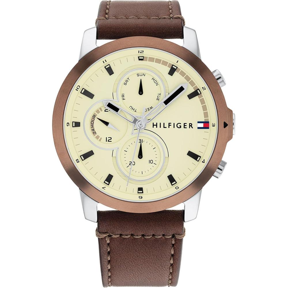 imageTommy Hilfiger Mens Multifunction Stainless Steel Case and Leather Strap Watch Color Brown Model 1792053Brown