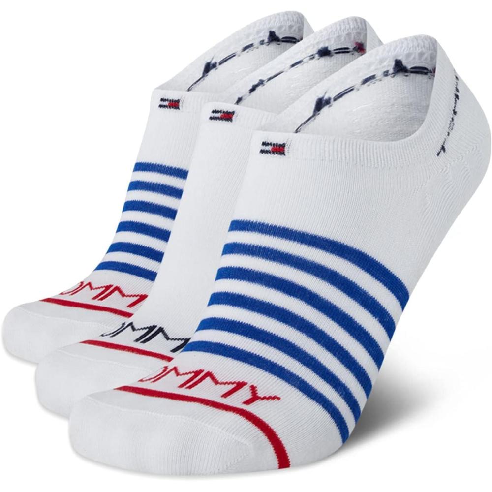 imageTommy Hilfiger Mens No Show Socks  3 Pack Soft Cotton Blend Ankle Socks for Men  Ultra Low Cut Liners for Loafers SneakersWhite Stripe